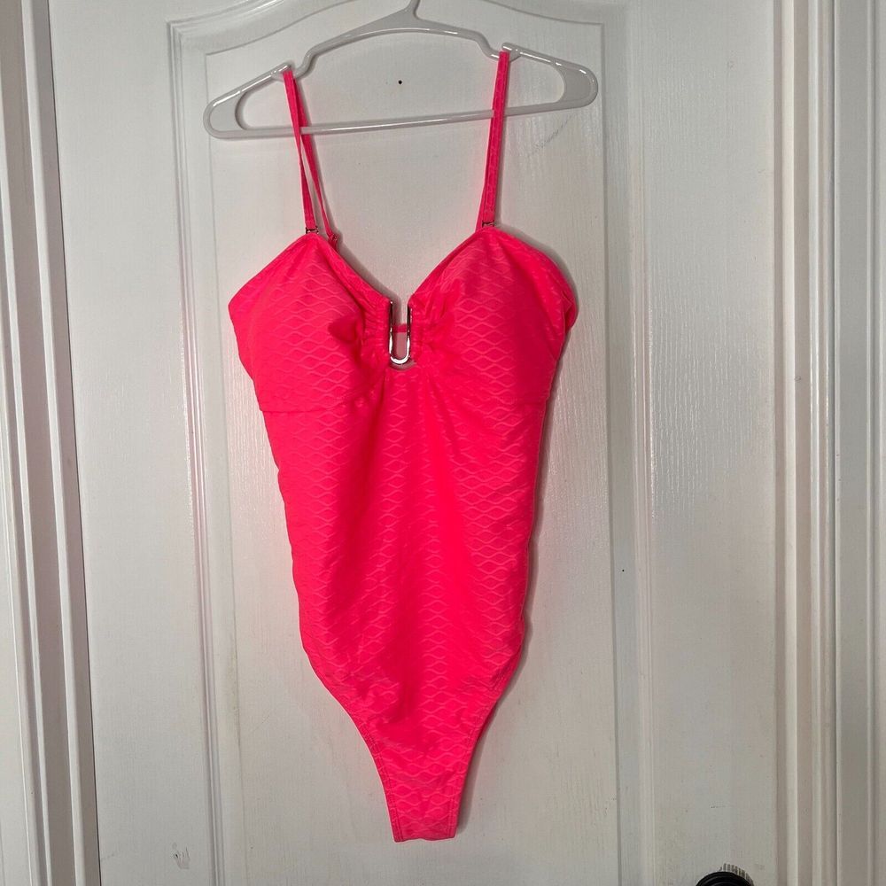 Neon Pink Textured One Piece Swimsuit V-Neck U-Ring High Cut Size‎ XL Hot Pink